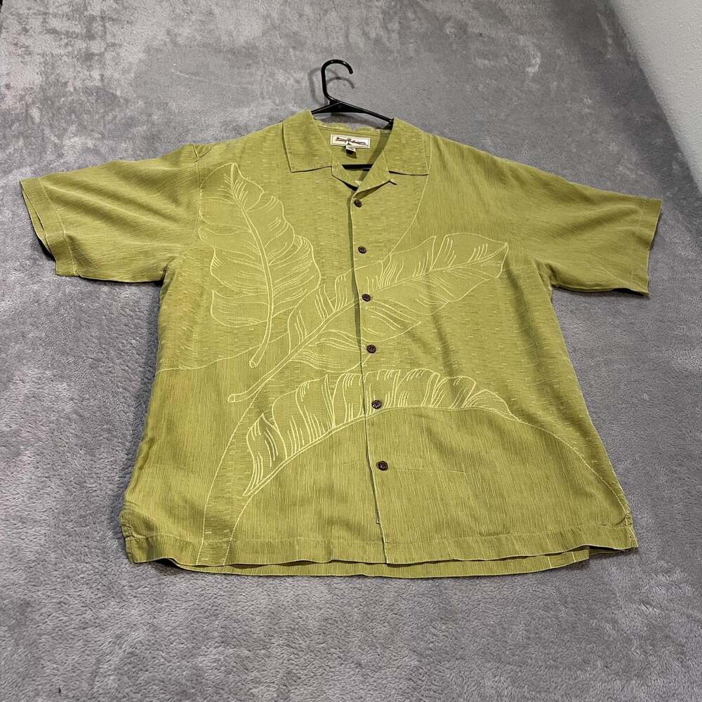 Tommy Bahama Shirt Mens Large Green Silk Hawaiian Banana Leaf Camp Button Up